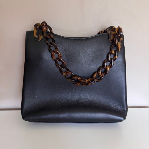 Ralph Lauren Black Leather Tortoise Chain Link Small Tote Bag Made in Italy - Picture 10 of 12